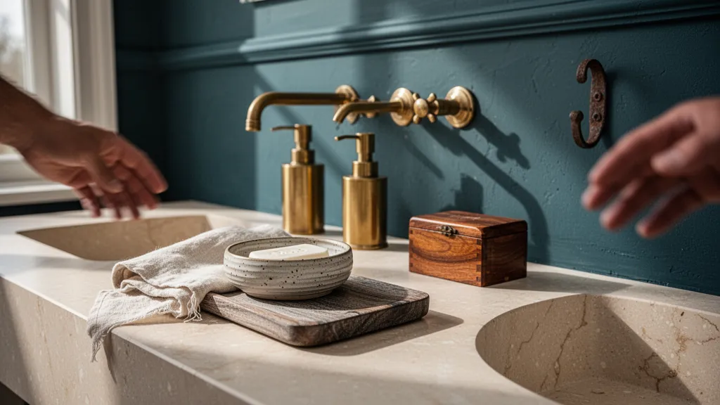 Porte-savon en grès et gobelet en céramique posés sur le rebord d'un lavabo en pierre, lumière naturelle