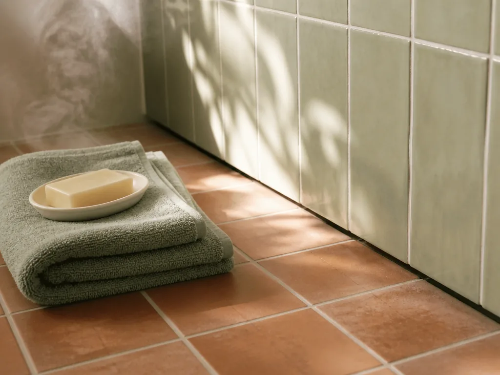Photorealistic editorial photograph of a tiled bathroom corner where the wall meets the floor with a subtle shadow gap,