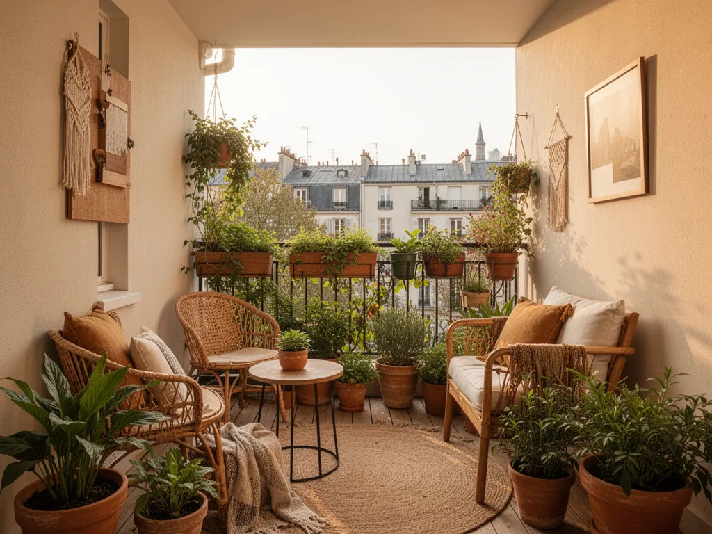 Petit balcon aménagé avec des plantes en pots et des jardinières
