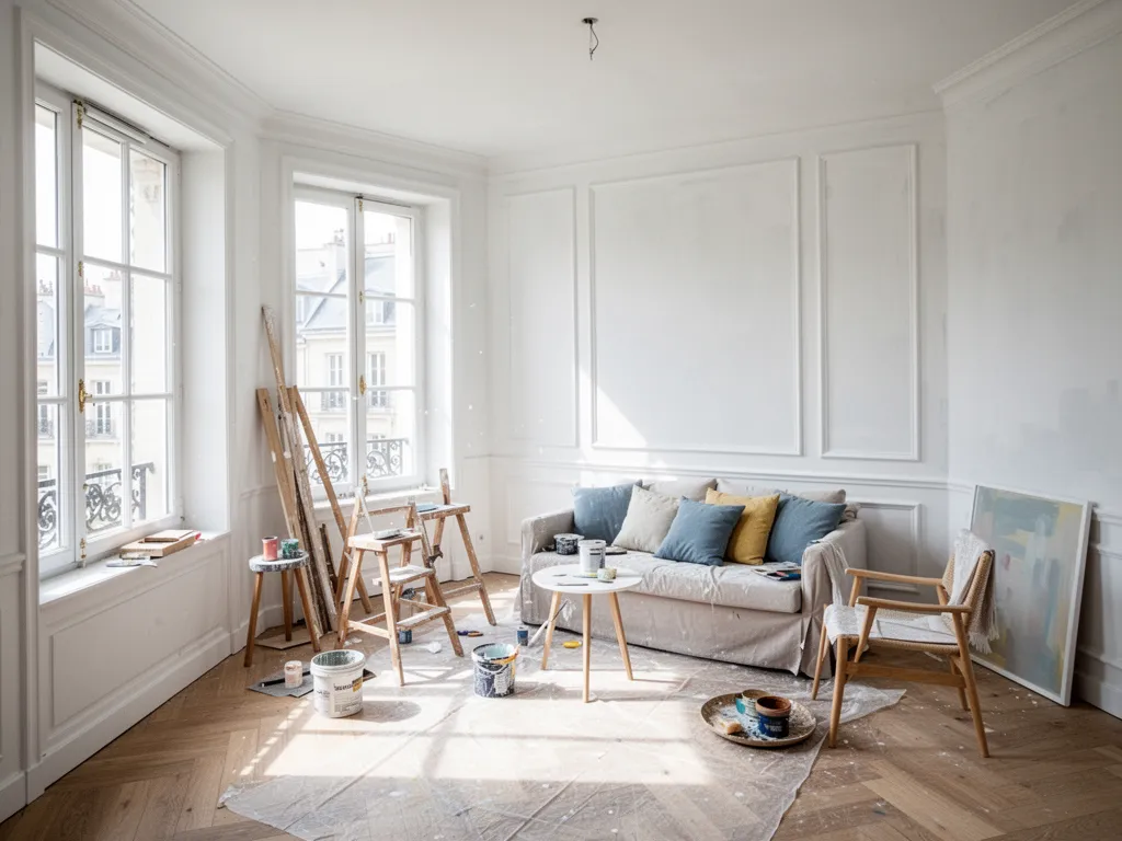 Artisan peintre passant une sous-couche au rouleau sur un mur blanc, bâche au sol, pots de peinture et escabeau.