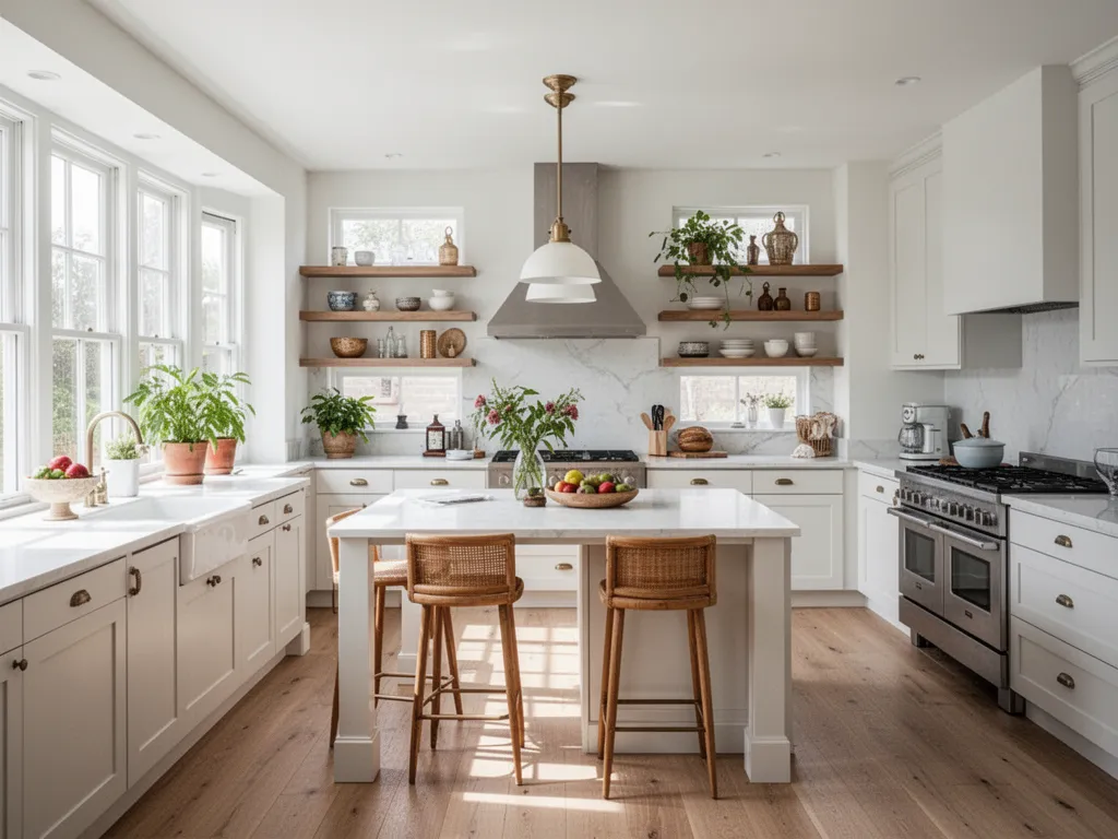 Cuisine avec plan de travail en chêne massif, crédence en faïence mate, éclairage sous meubles hauts, aucun accessoire superflu
