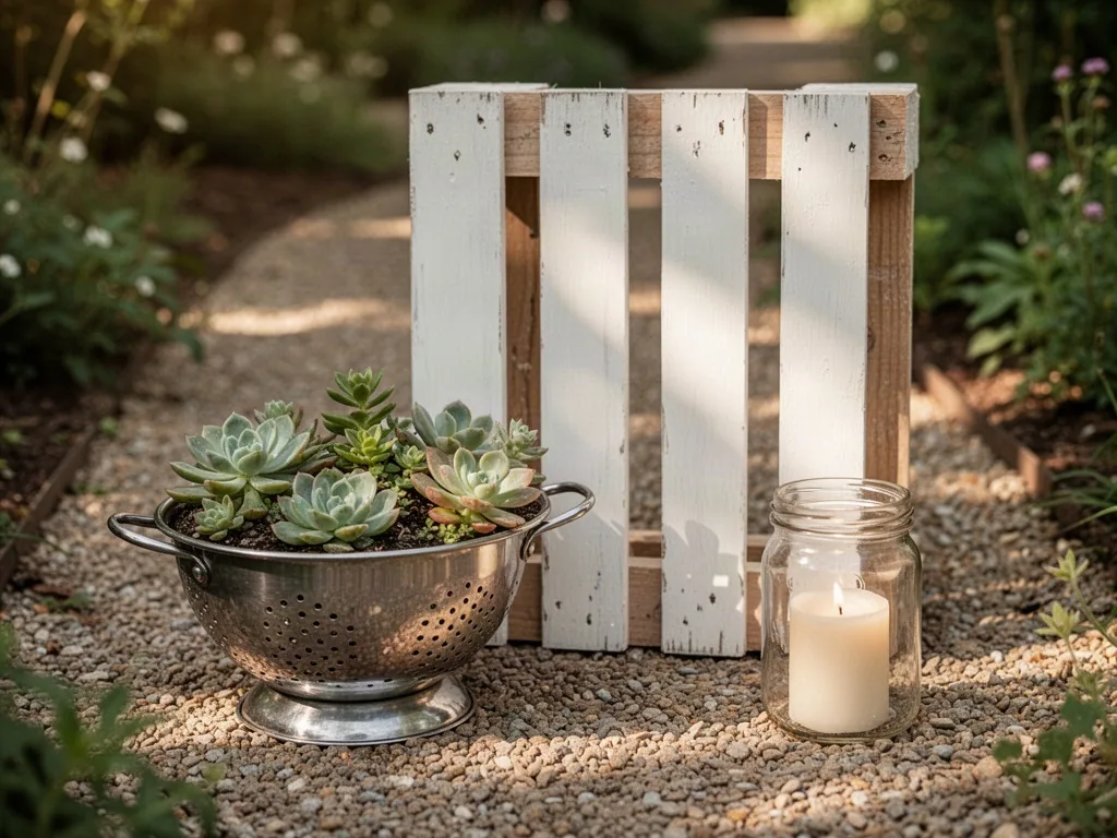 A metal colander holding succulents, a vertical wooden palette painted white, and a glass jar with a candle on a gravel 