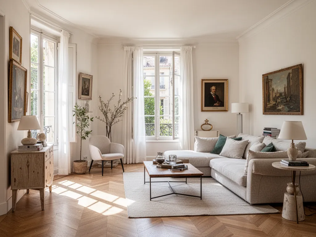 Intérieur lumineux à Aix-en-Provence, ombres portées sur un mur en pierre apparente, table en chêne massif et poteries artisanales