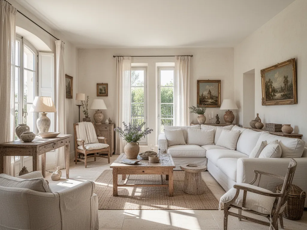Salon lumineux avec murs clairs, table en bois patiné, terre cuite au sol, linge en lin et céramiques dans un esprit provençal sobre
