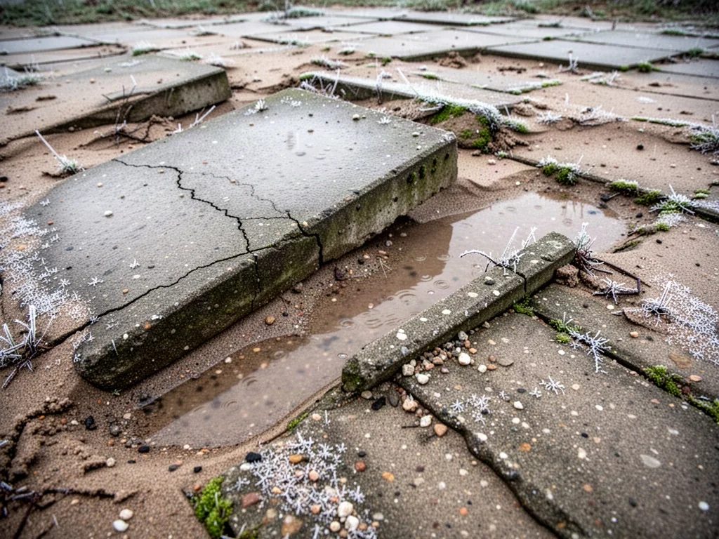 Weathered concrete paving slabs tilted on eroded sand, rainwater pooling in gaps, frost-damaged edges with fine cracks, 