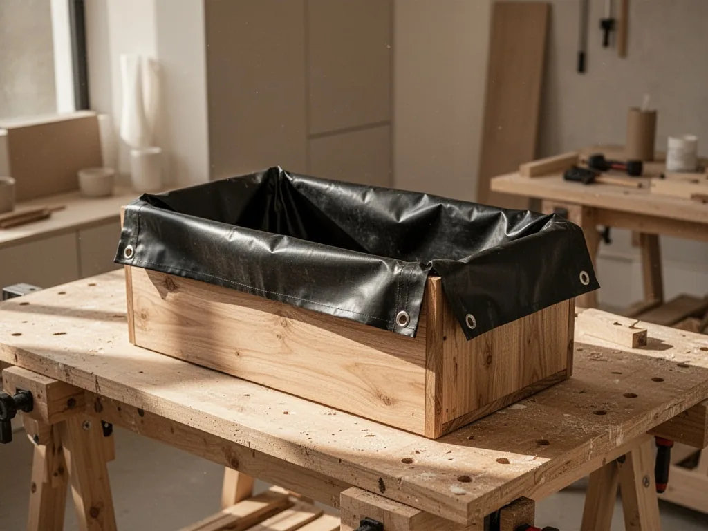A wooden planter box with a black waterproof liner folded inside, placed on a workbench, bright daylight, long shadows, 