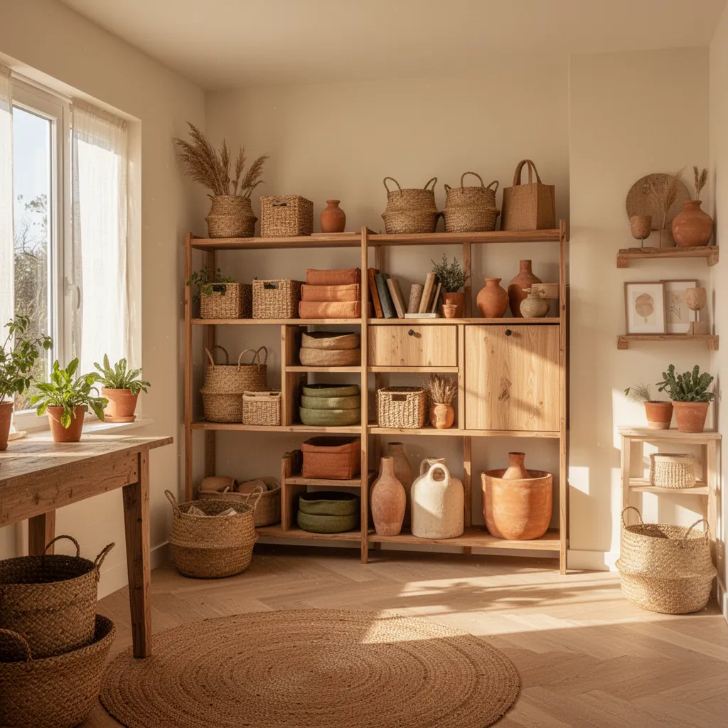 Placard organisé avec des boîtes en osier et des étagères en bois