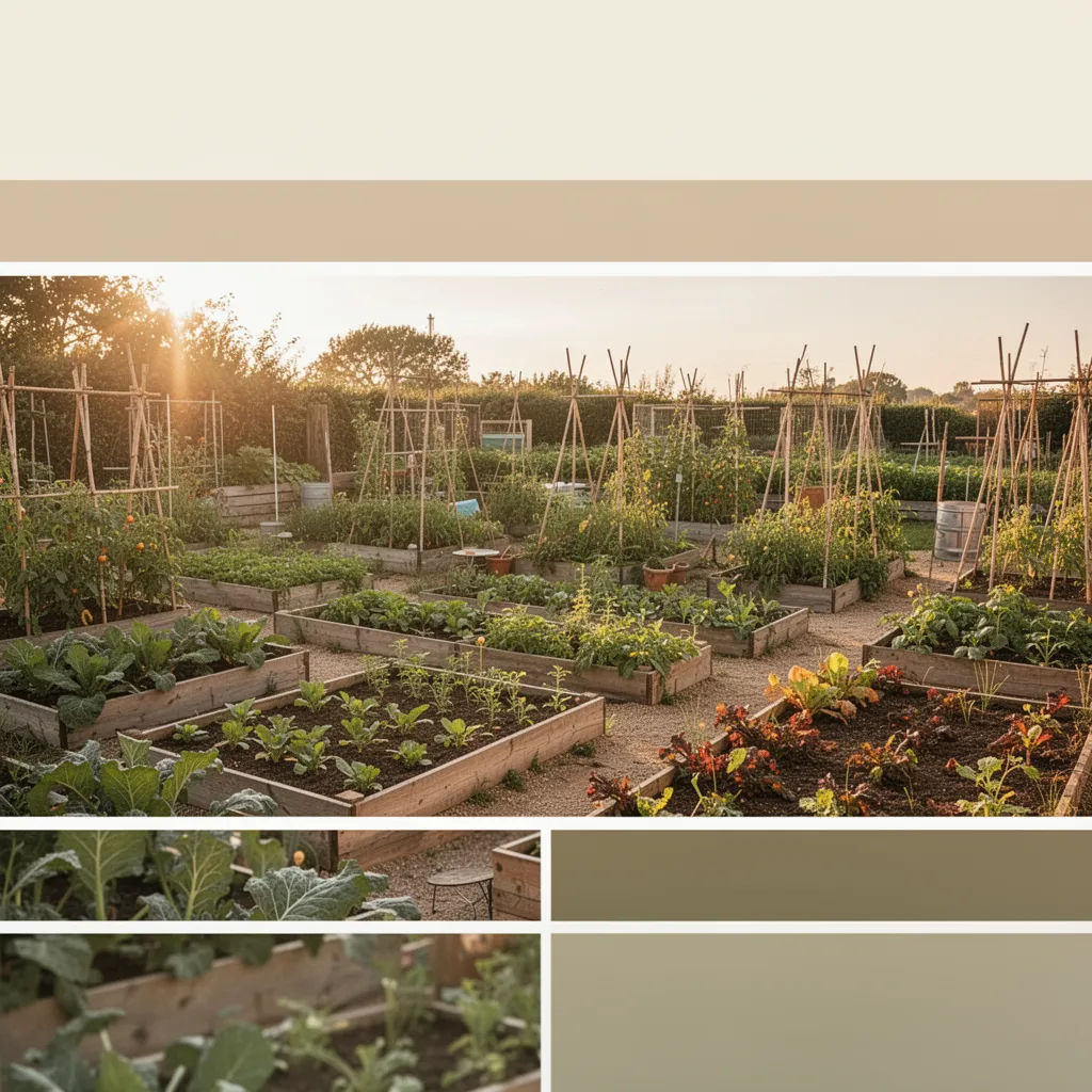 Potager en carrés avec des plants de tomates et herbes aromatiques