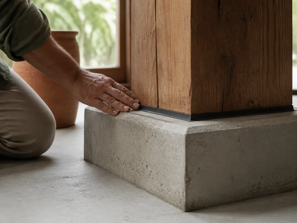 Photorealistic editorial photograph of a timber beam resting on a cured concrete plinth, visible moisture barrier seam, 