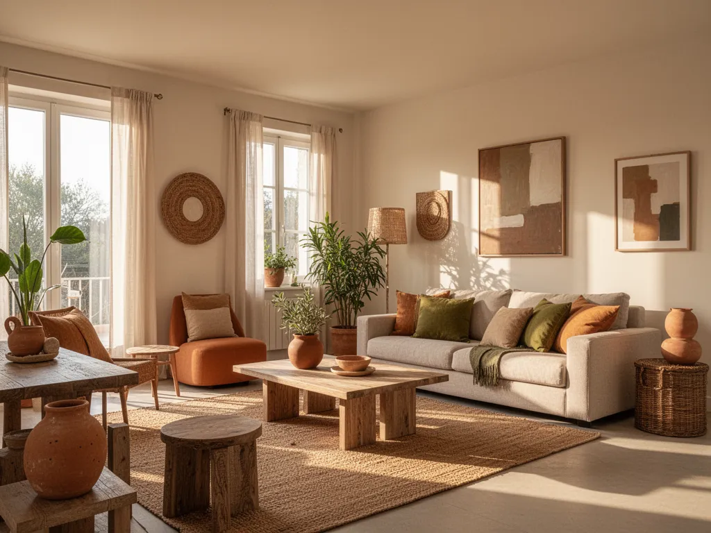 Salon décoré avec des tons naturels et du mobilier en bois